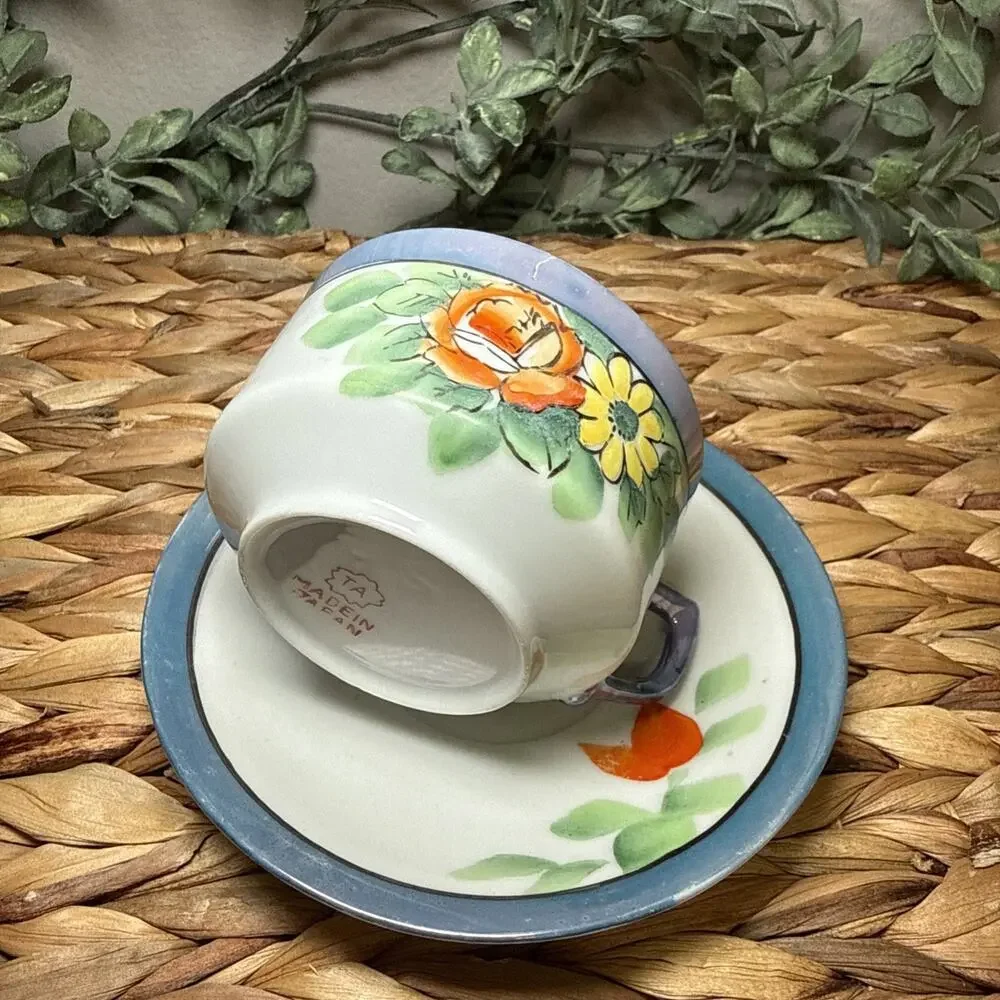 Japanese Lusterware Teacup & Saucer Set Handpainted Blue w/ Flowers Vintage